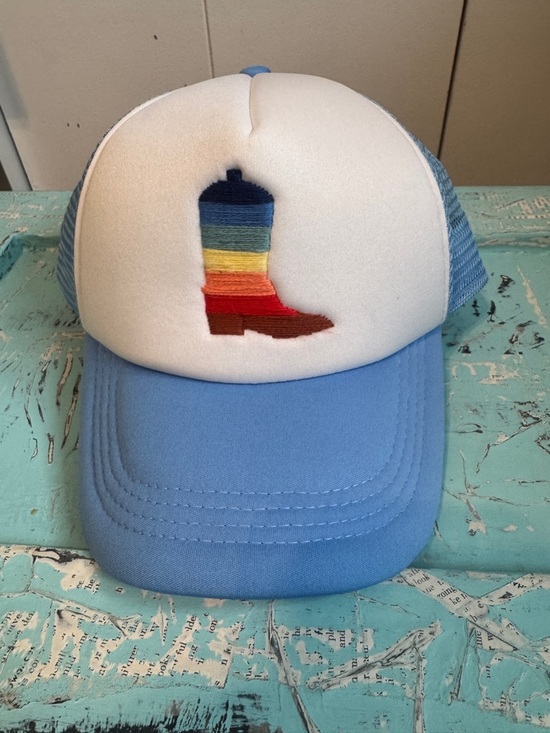 Accessories - Rainbow Embroidered Cowgirl Boot Trucker Hat Blue Mesh Boho Western Core NEW